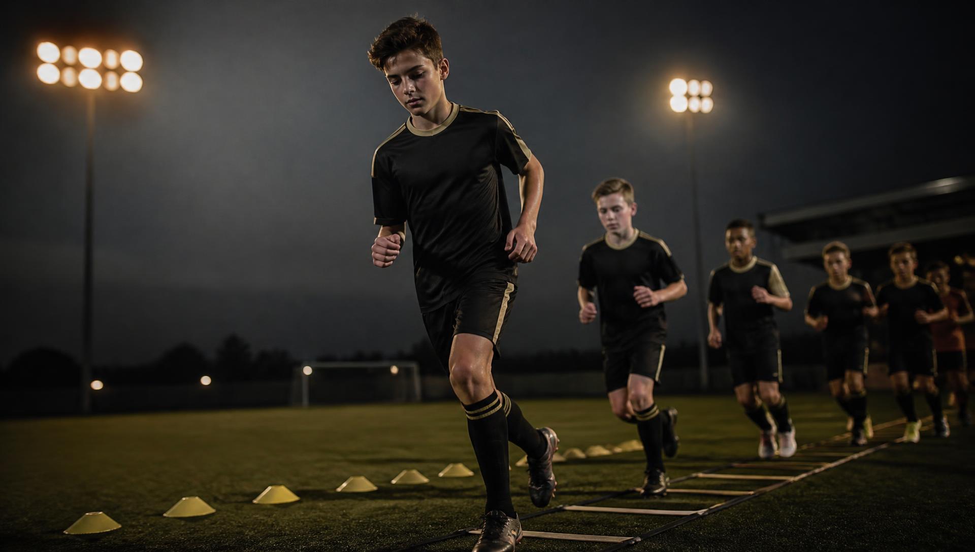 Crianças treinando futebol no campo iluminado da Virtus Imigrante