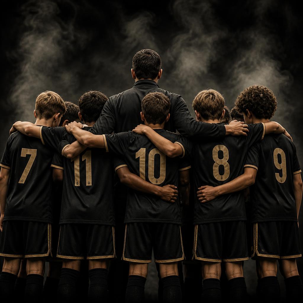 Time reunido com o treinador no campo